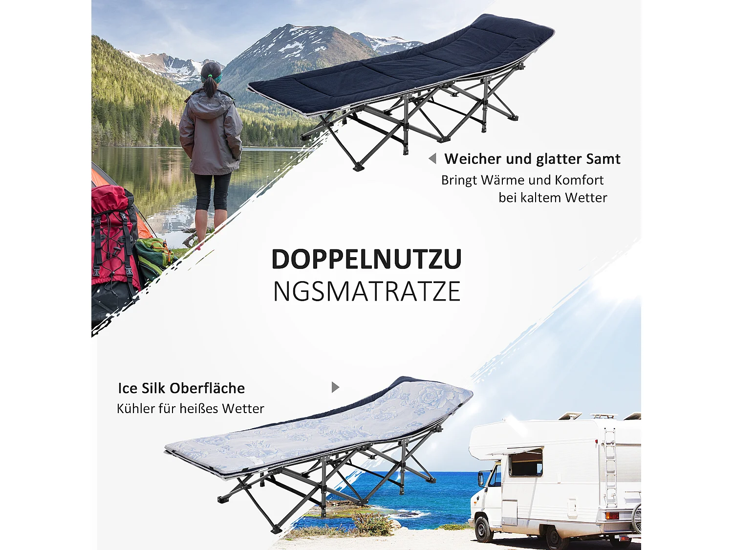 Lit de camping pliant avec coussin, poche latérale, mousse confortable, polyester, bleu foncé et gris (188x64.5x53cm)