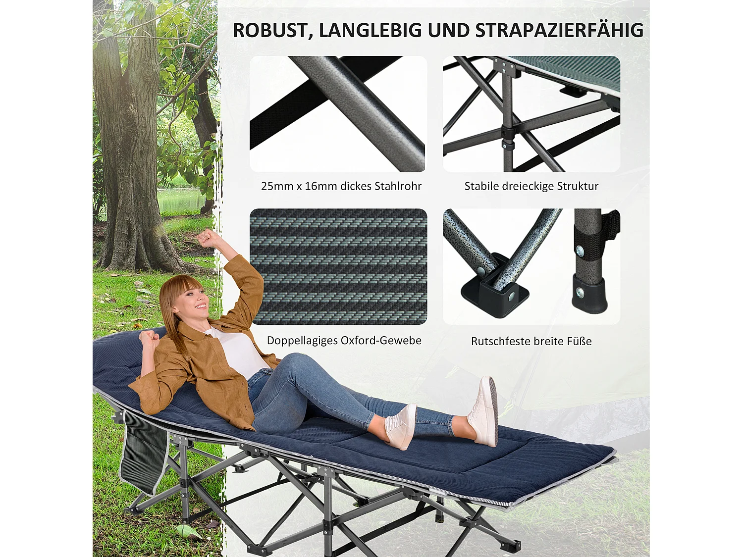 Lit de camping pliant avec coussin, poche latérale, mousse confortable, polyester, bleu foncé et gris (188x64.5x53cm)