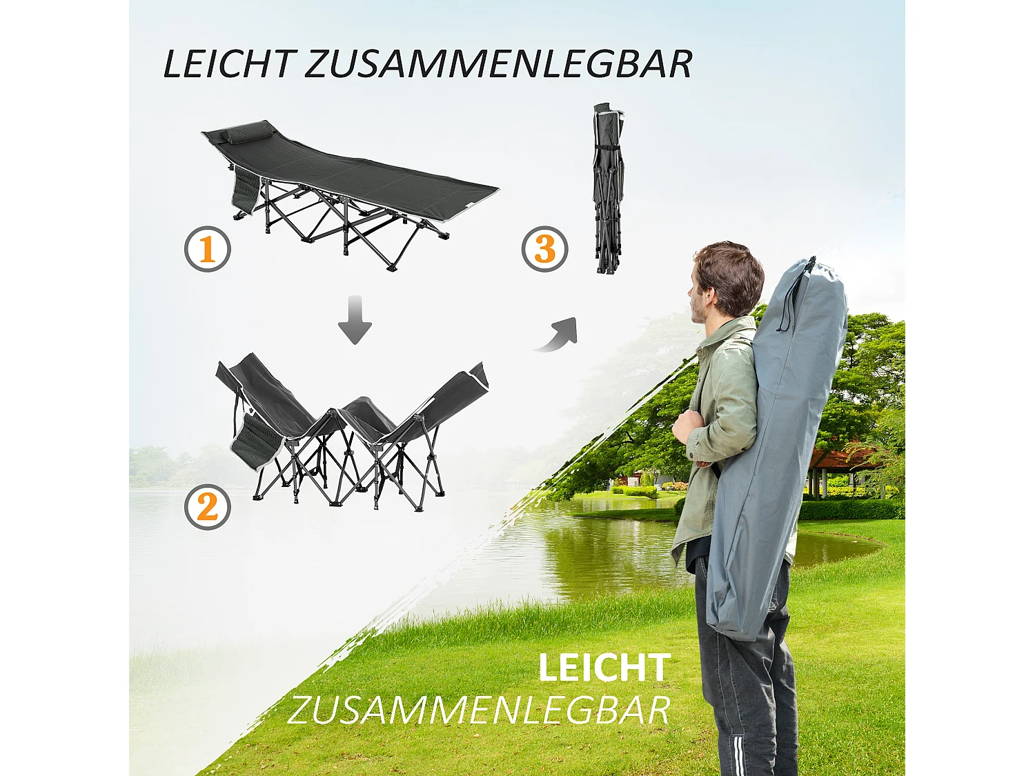 Lit de camping pliant avec coussin, poche latérale, mousse confortable, polyester, bleu foncé et gris (188x64.5x53cm)