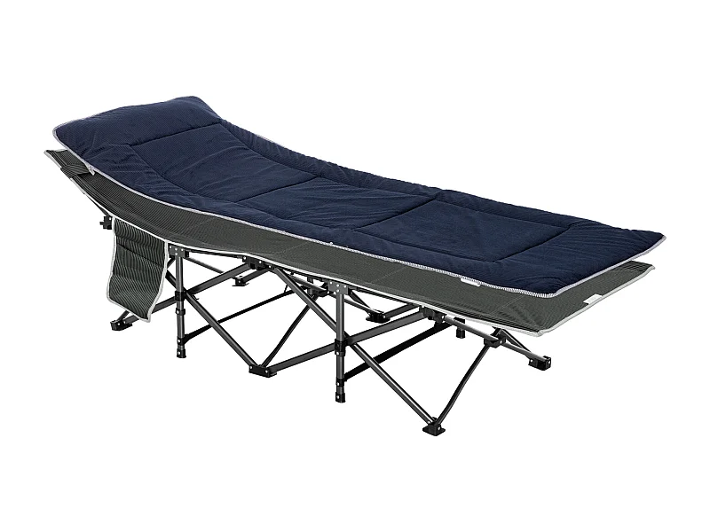 Lit de camping pliant avec coussin, poche latérale, mousse confortable, polyester, bleu foncé et gris (188x64.5x53cm)