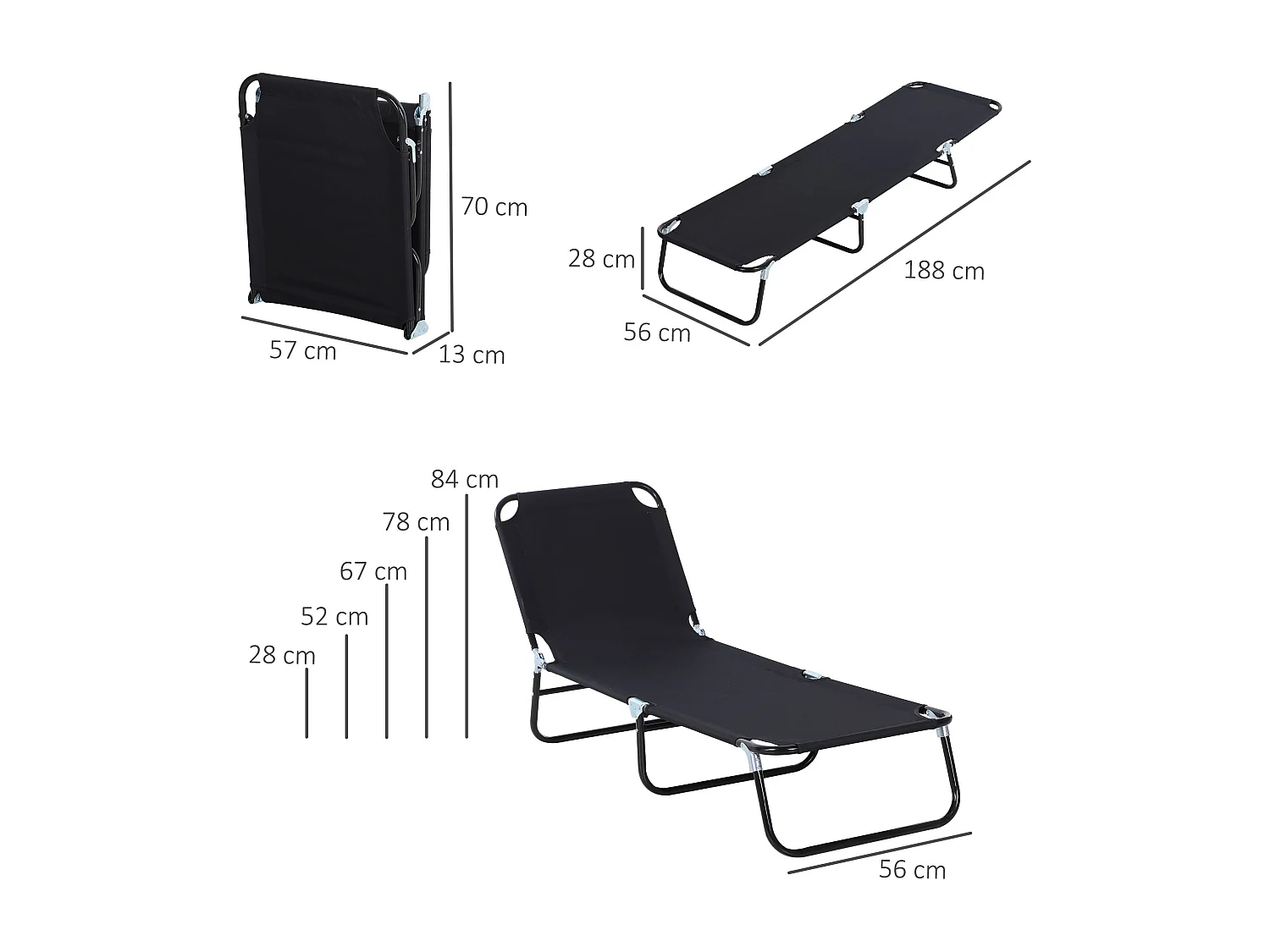 Opvouwbare tuinligstoel, verstelbare rugleuning, staal, zwart (188x56x28 cm)