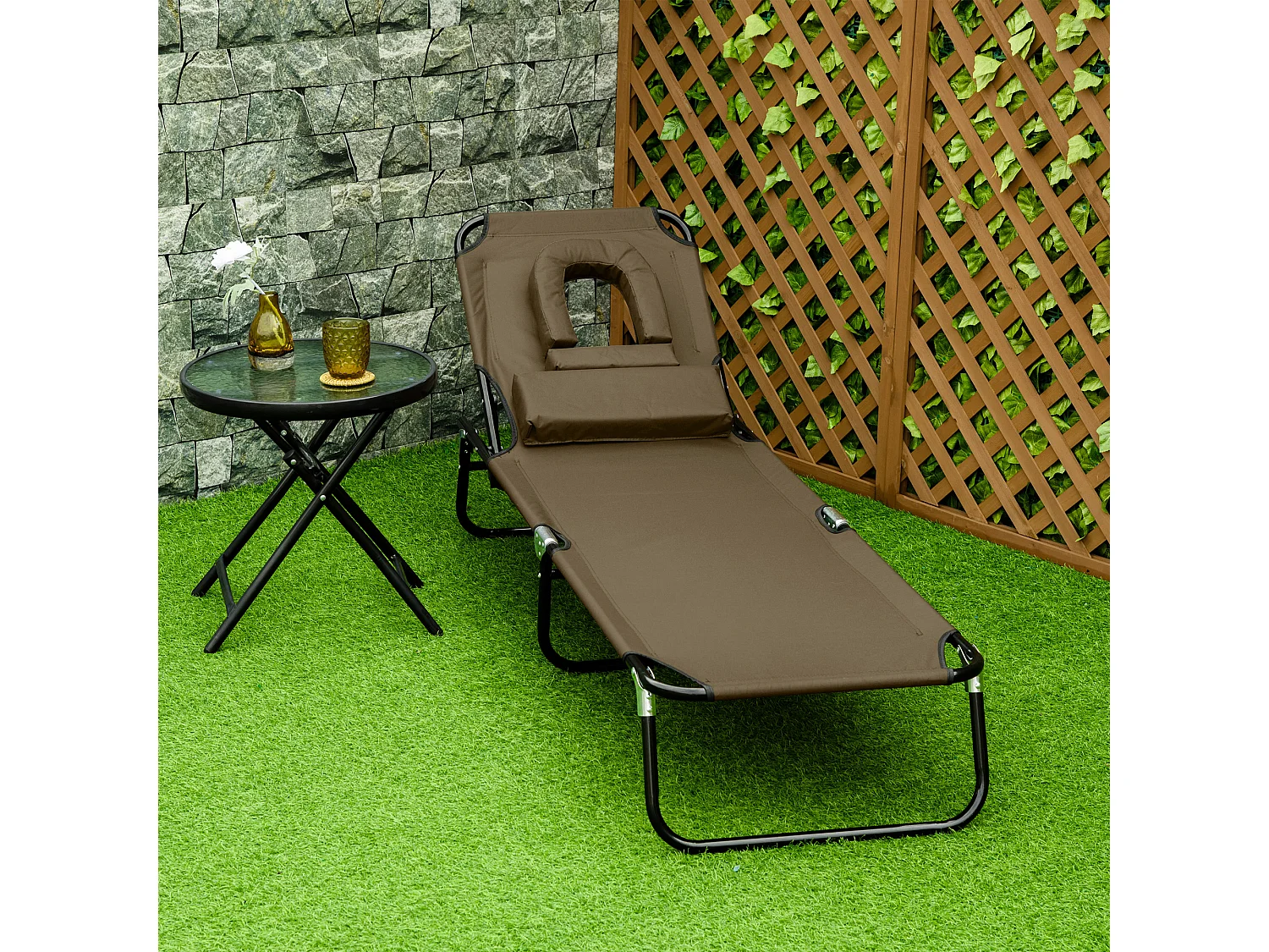 Transat pliable avec fenêtre de lecture, tissu Oxford imperméable, cadre acier, brun (190x56x28cm)