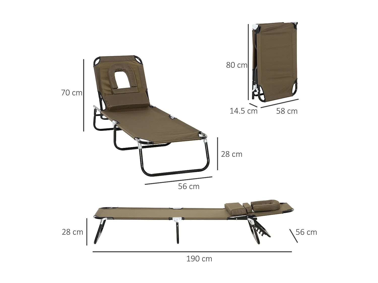 Transat pliable avec fenêtre de lecture, tissu Oxford imperméable, cadre acier, brun (190x56x28cm)