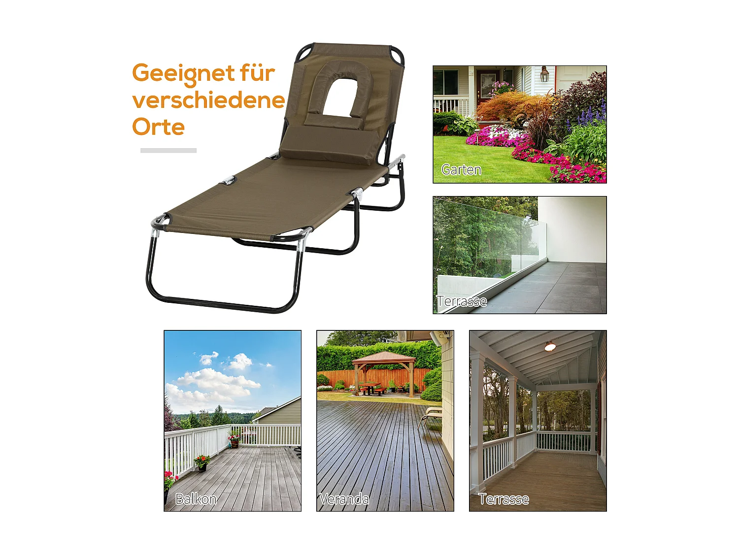 Transat pliable avec fenêtre de lecture, tissu Oxford imperméable, cadre acier, brun (190x56x28cm)