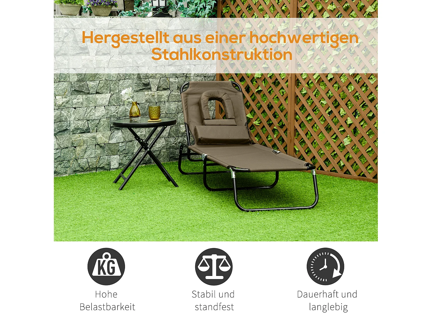 Transat pliable avec fenêtre de lecture, tissu Oxford imperméable, cadre acier, brun (190x56x28cm)