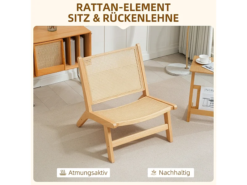 Fauteuil sans accoudoirs avec dossier en rotin, bois naturel (70x64x74 cm)