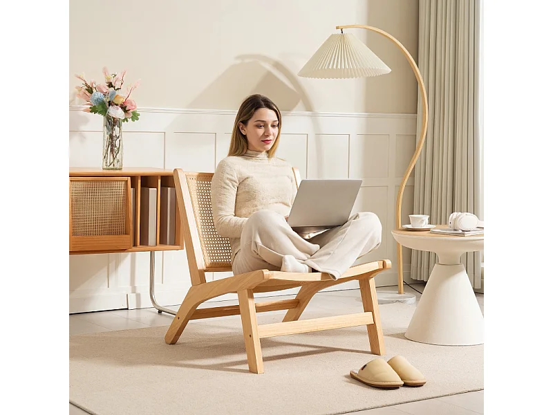 Fauteuil sans accoudoirs avec dossier en rotin, bois naturel (70x64x74 cm)