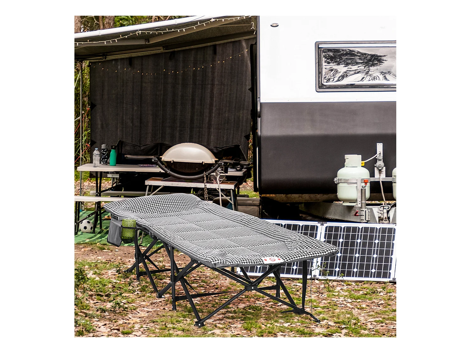 Lit de Camping Pliable avec Porte-Revues et Porte-Gobelet Noir (68x186x48 cm)