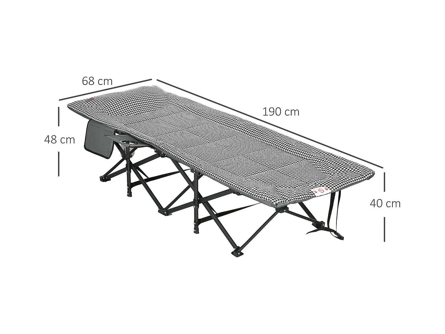 Lit de Camping Pliable avec Porte-Revues et Porte-Gobelet Noir (68x186x48 cm)