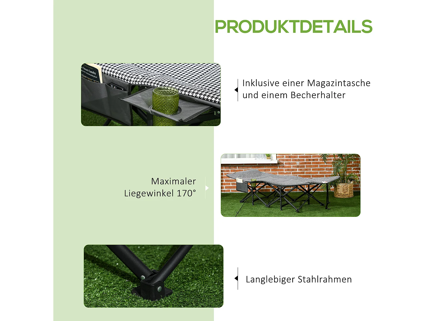 Lit de Camping Pliable avec Porte-Revues et Porte-Gobelet Noir (68x186x48 cm)