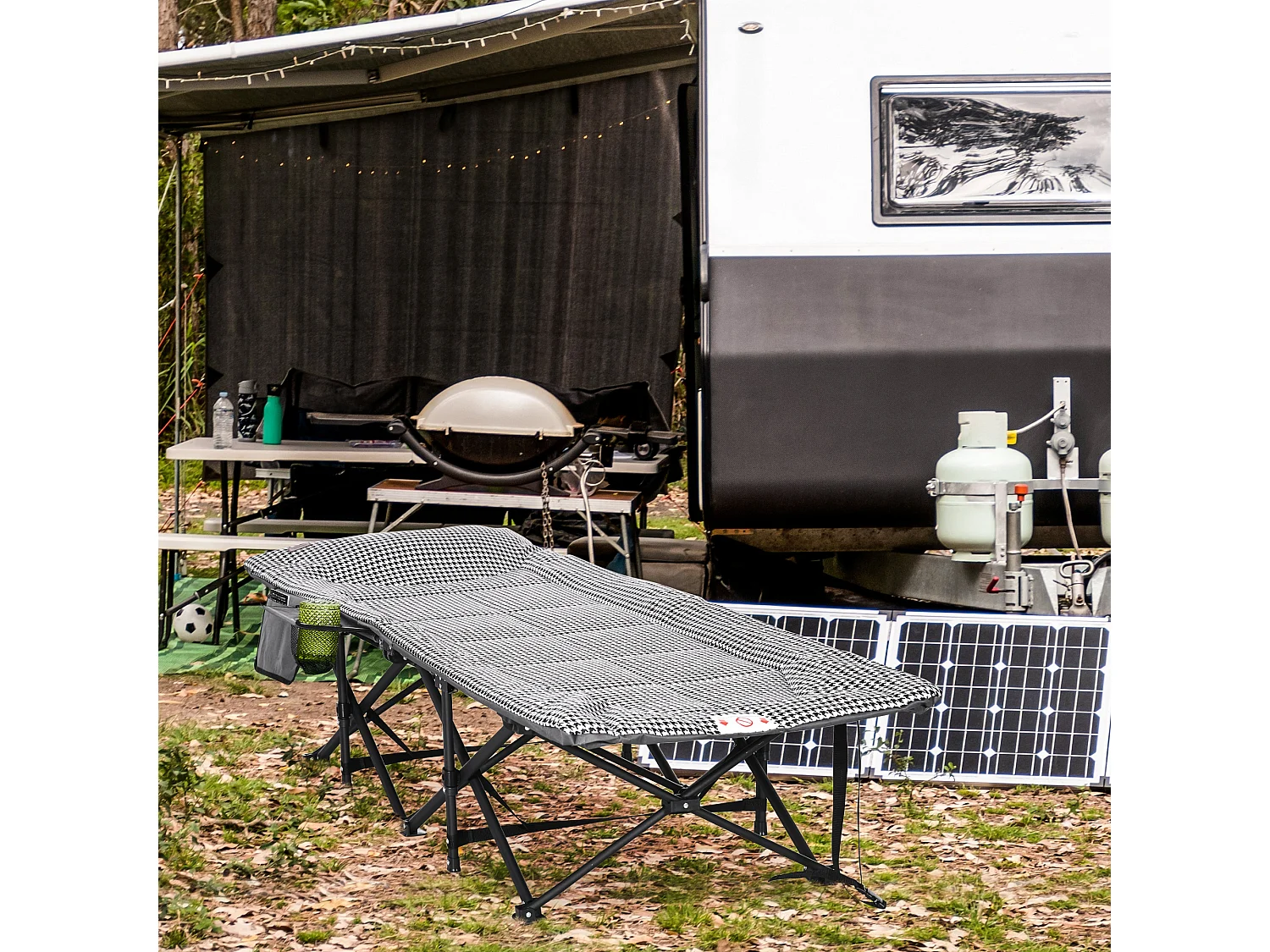 Lit de Camping Pliable avec Porte-Revues et Porte-Gobelet Noir (68x186x48 cm)