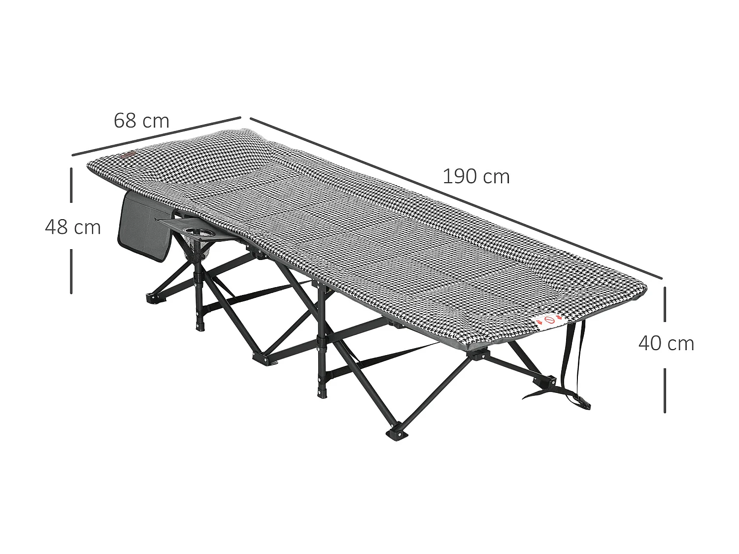 Lit de Camping Pliable avec Porte-Revues et Porte-Gobelet Noir (68x186x48 cm)