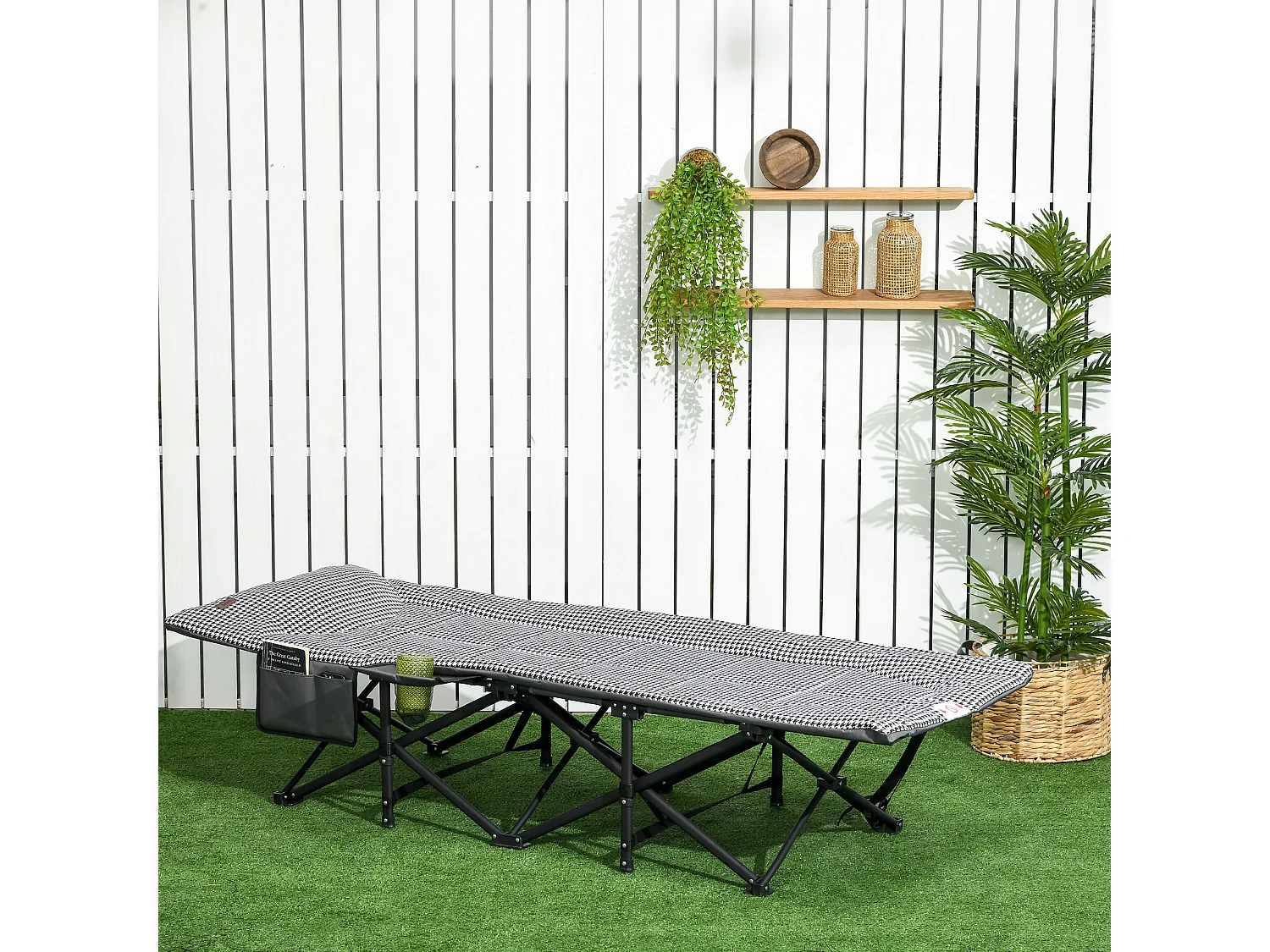 Lit de Camping Pliable avec Porte-Revues et Porte-Gobelet Noir (68x186x48 cm)