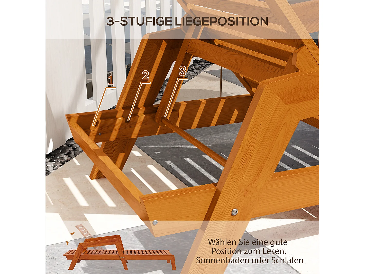 Chaise longue en bois avec dossier réglable, design fonctionnel, orange (66x190x73.5 cm)