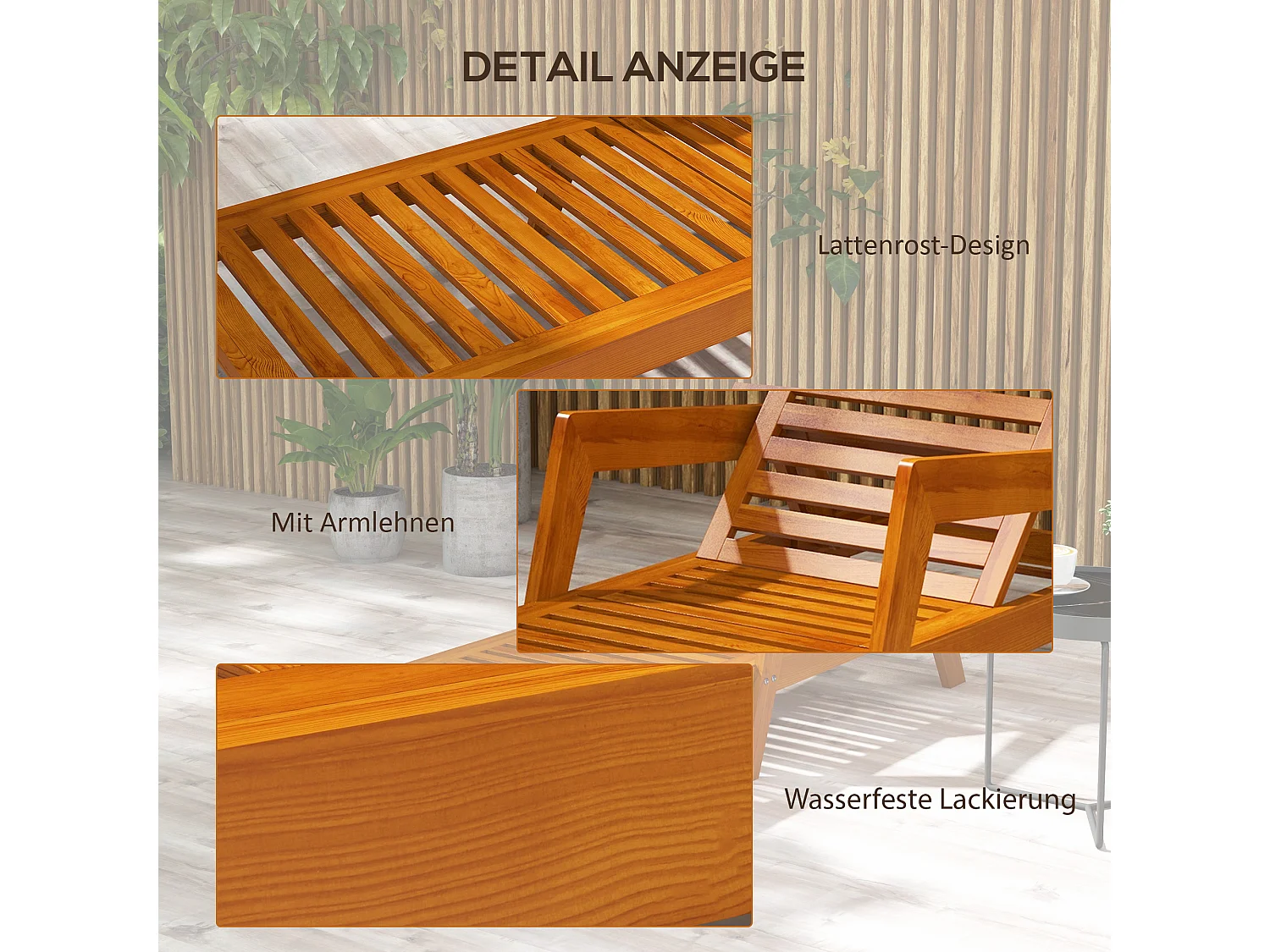 Chaise longue en bois avec dossier réglable, design fonctionnel, orange (66x190x73.5 cm)