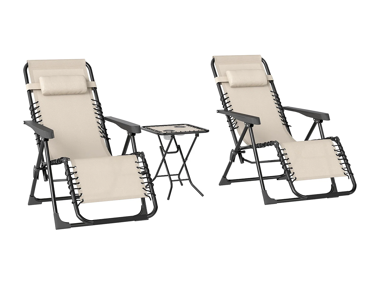 Set bain de soleil pliant 3 pièces, 2 fauteuils avec coussins, table avec porte-gobelets, métal, beige (90x65x110cm)