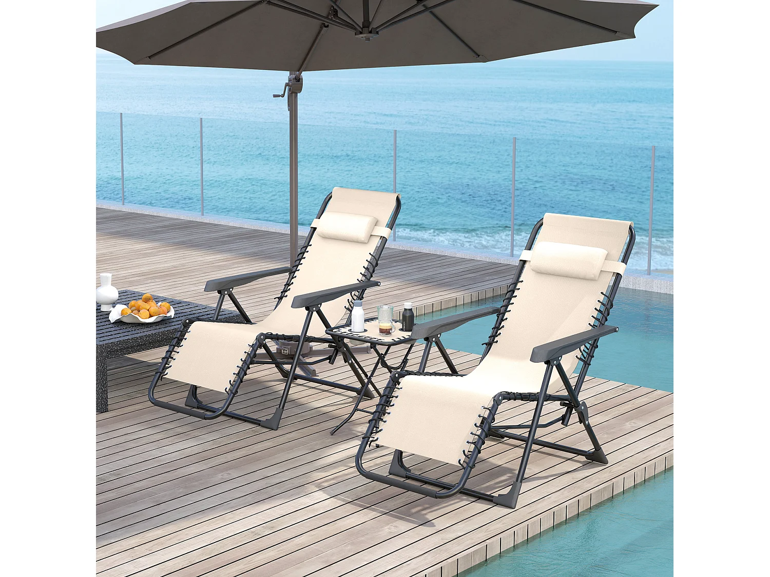 Set bain de soleil pliant 3 pièces, 2 fauteuils avec coussins, table avec porte-gobelets, métal, beige (90x65x110cm)