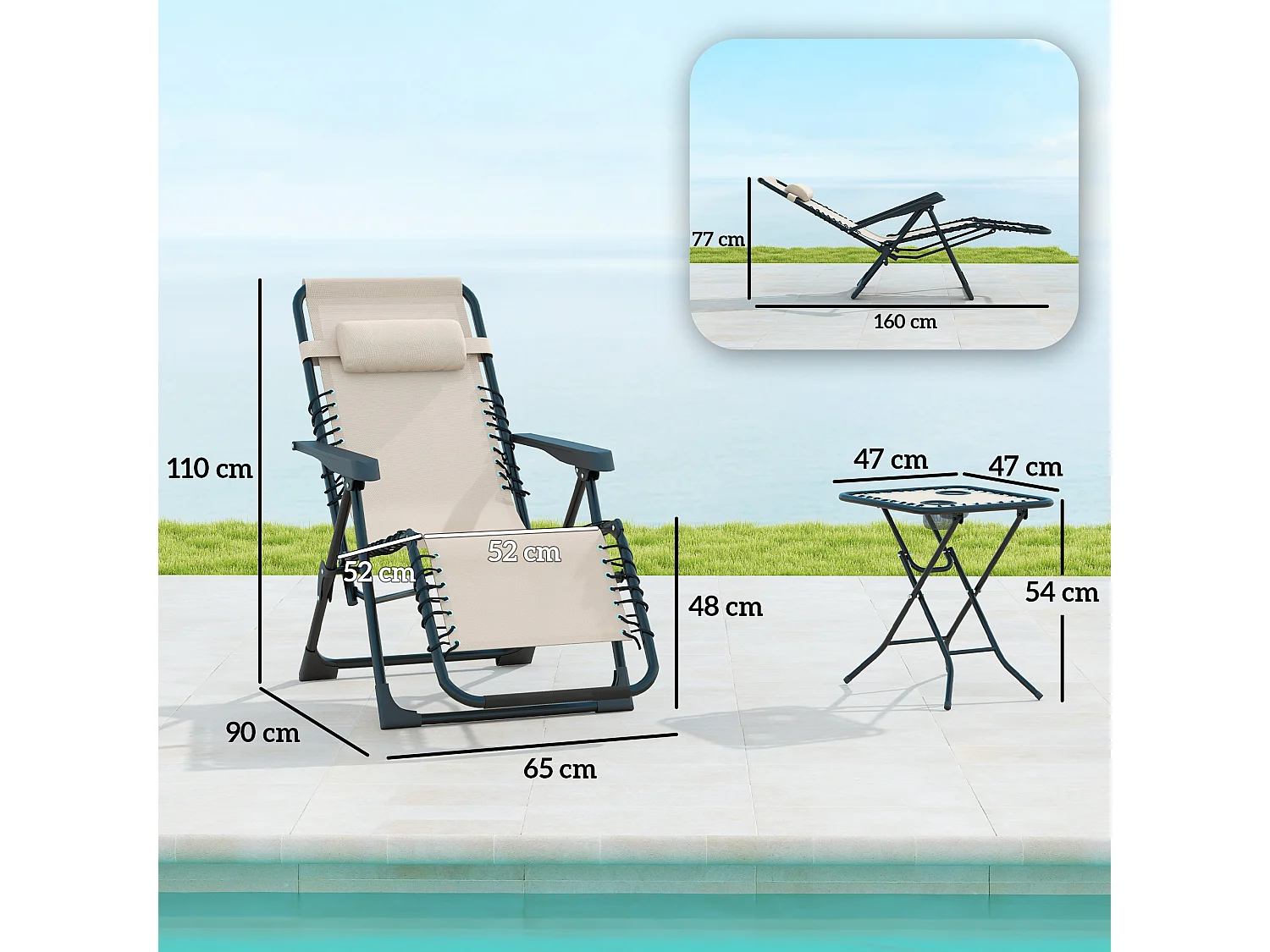 Set bain de soleil pliant 3 pièces, 2 fauteuils avec coussins, table avec porte-gobelets, métal, beige (90x65x110cm)