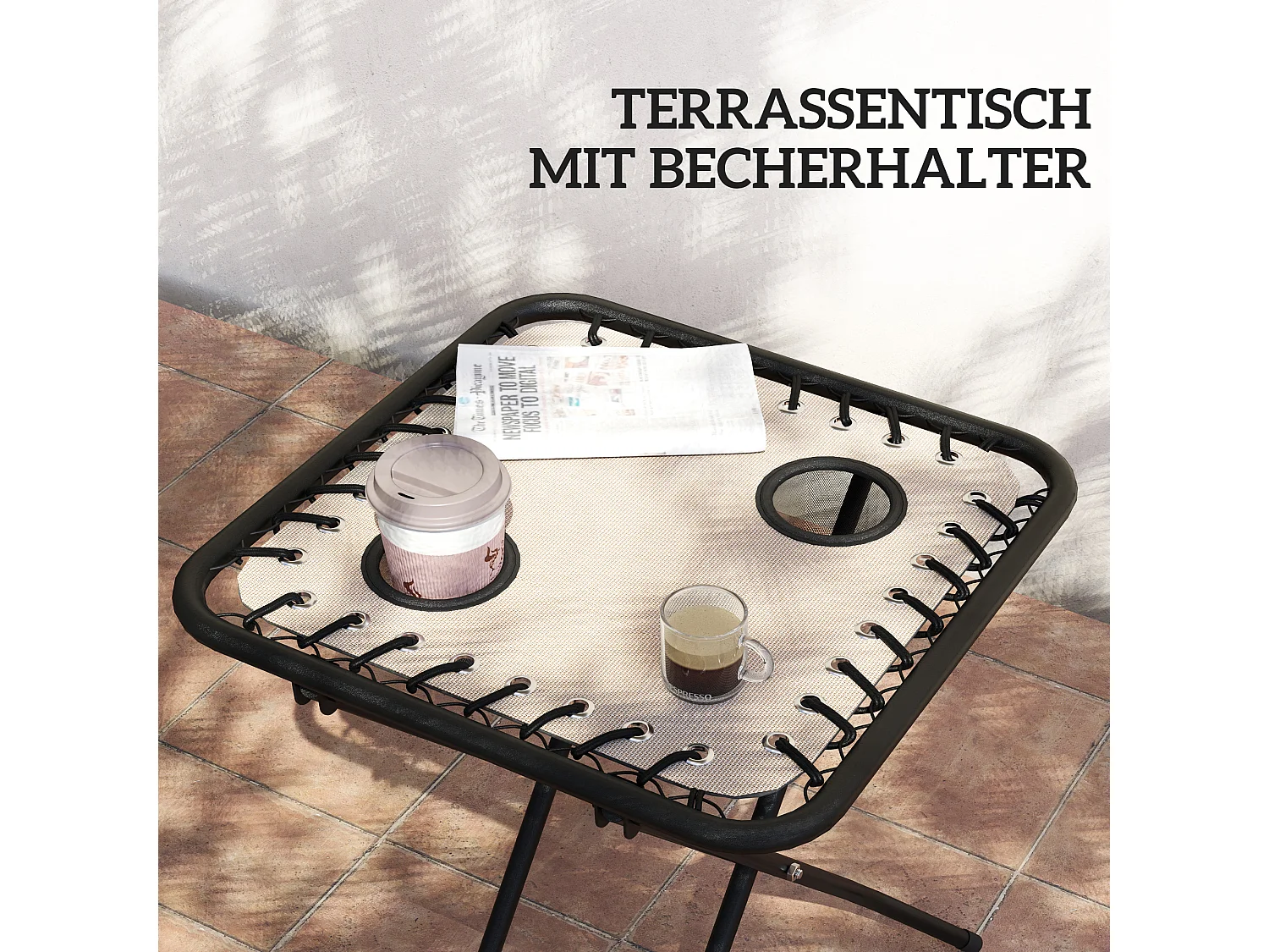 Set bain de soleil pliant 3 pièces, 2 fauteuils avec coussins, table avec porte-gobelets, métal, beige (90x65x110cm)