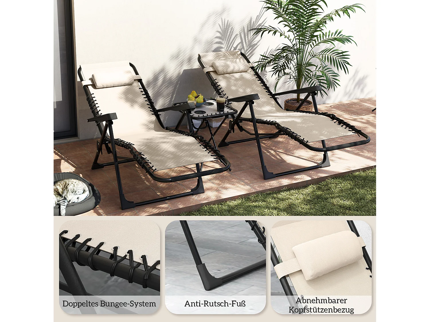 Set bain de soleil pliant 3 pièces, 2 fauteuils avec coussins, table avec porte-gobelets, métal, beige (90x65x110cm)