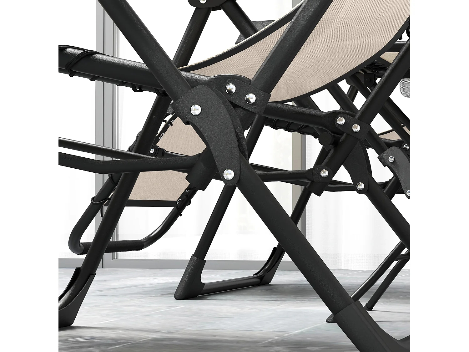 Set bain de soleil pliant 3 pièces, 2 fauteuils avec coussins, table avec porte-gobelets, métal, beige (90x65x110cm)