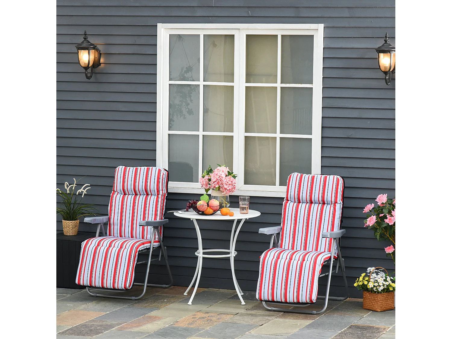 Chaise longue pliante 2 pièces, acier et polyester, rouge, dossier réglable (60x75x65-102 cm)