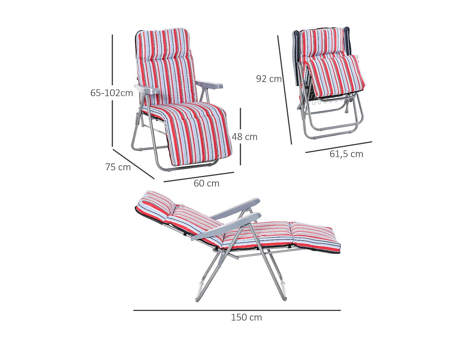 Chaise longue pliante 2 pièces, acier et polyester, rouge, dossier réglable (60x75x65-102 cm)