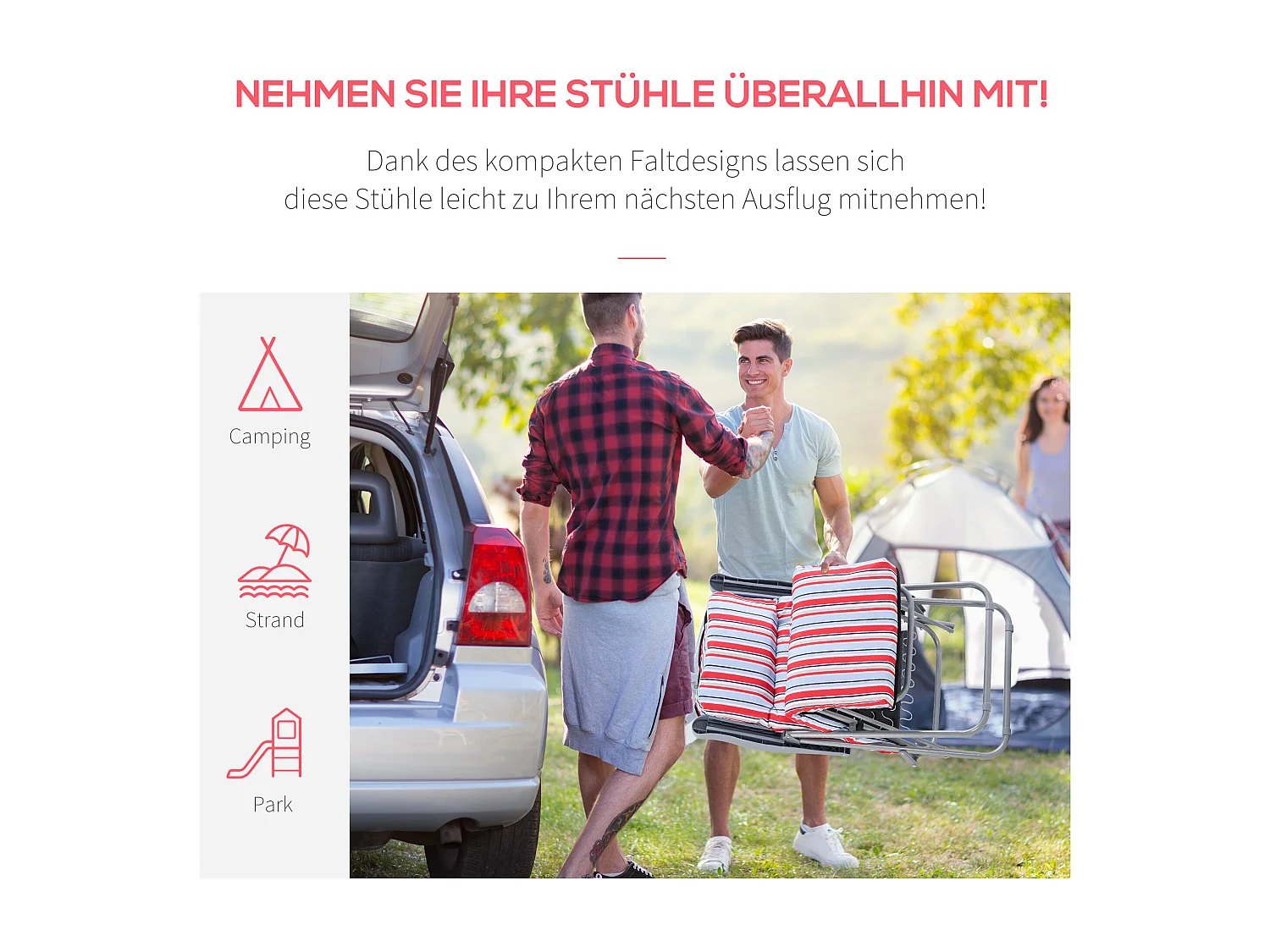 Chaise longue pliante 2 pièces, acier et polyester, rouge, dossier réglable (60x75x65-102 cm)