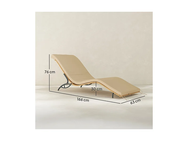 Chaise longue en rattan, résistant à l'eau, avec coussin, matériaux robustes, beige (166x63x76 cm)