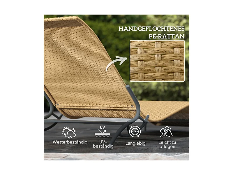 Chaise longue en rattan, résistant à l'eau, avec coussin, matériaux robustes, beige (166x63x76 cm)