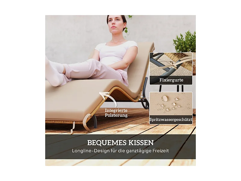 Chaise longue en rattan, résistant à l'eau, avec coussin, matériaux robustes, beige (166x63x76 cm)