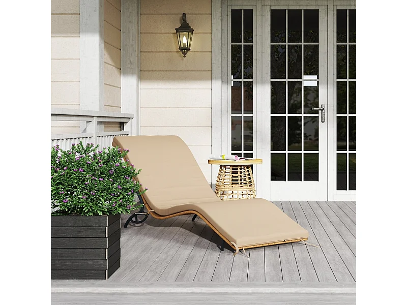 Chaise longue en rattan, résistant à l'eau, avec coussin, matériaux robustes, beige (166x63x76 cm)