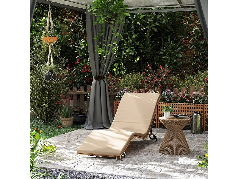 Chaise longue en rattan, résistant à l'eau, avec coussin, matériaux robustes, beige (166x63x76 cm)