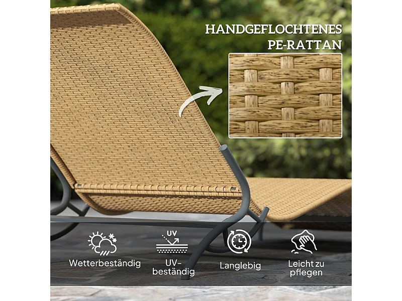 Rotan loungestoel, waterbestendig, met kussen, robuuste materialen, beige (166x63x76 cm)