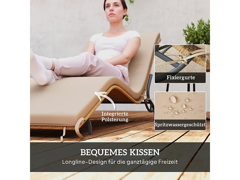 Rotan loungestoel, waterbestendig, met kussen, robuuste materialen, beige (166x63x76 cm)