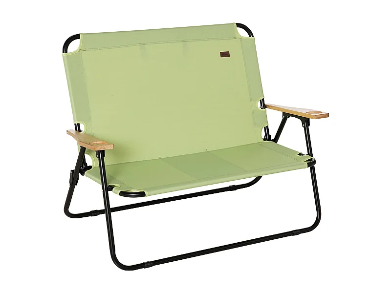 Opvouwbare kampeerstoel met 2 zitplaatsen en bekerhouder, stalen frame, Oxford-stof, lichtgroen (114x67x80 cm)