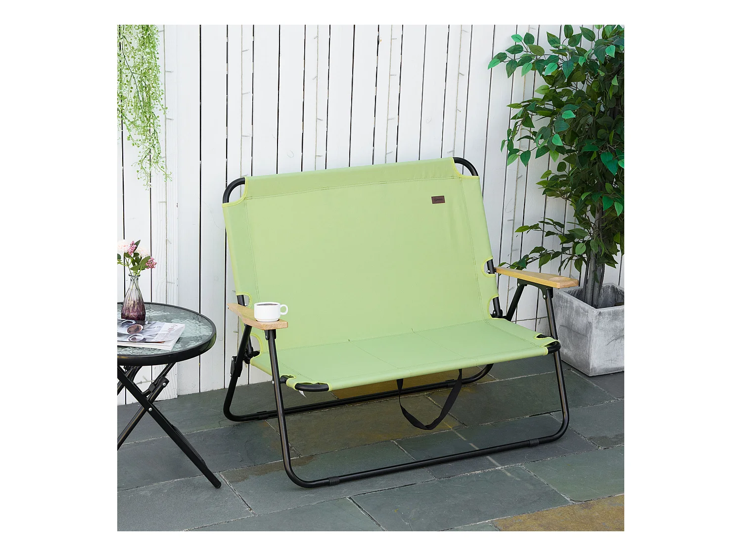 Chaise de Camping 2-Sièges pliable avec porte-gobelets, cadre en acier, tissu Oxford, vert clair (114x67x80 cm)