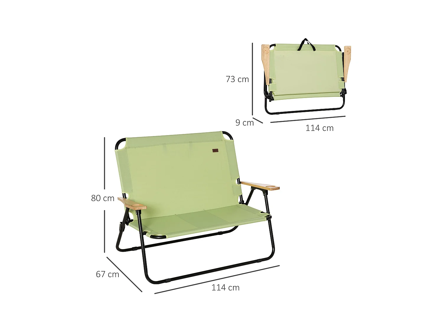 Chaise de Camping 2-Sièges pliable avec porte-gobelets, cadre en acier, tissu Oxford, vert clair (114x67x80 cm)