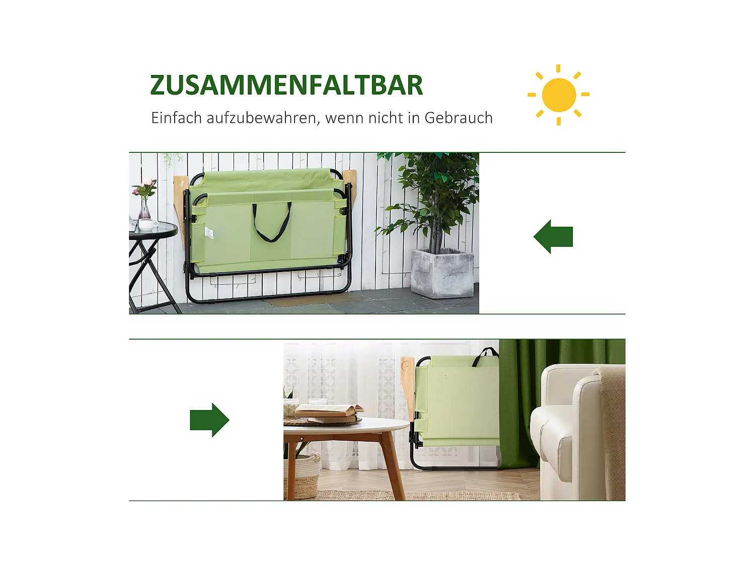 Chaise de Camping 2-Sièges pliable avec porte-gobelets, cadre en acier, tissu Oxford, vert clair (114x67x80 cm)
