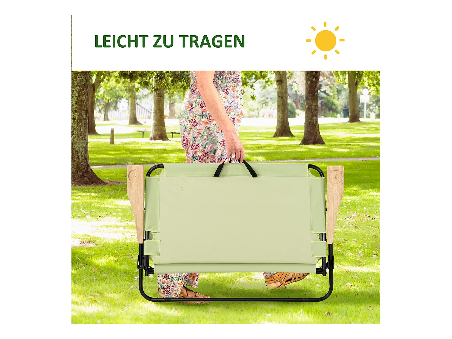 Chaise de Camping 2-Sièges pliable avec porte-gobelets, cadre en acier, tissu Oxford, vert clair (114x67x80 cm)