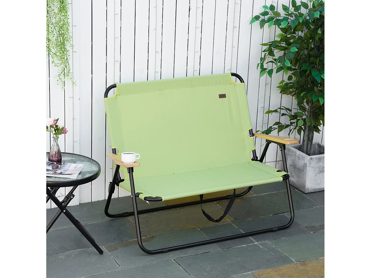 Chaise de Camping 2-Sièges pliable avec porte-gobelets, cadre en acier, tissu Oxford, vert clair (114x67x80 cm)