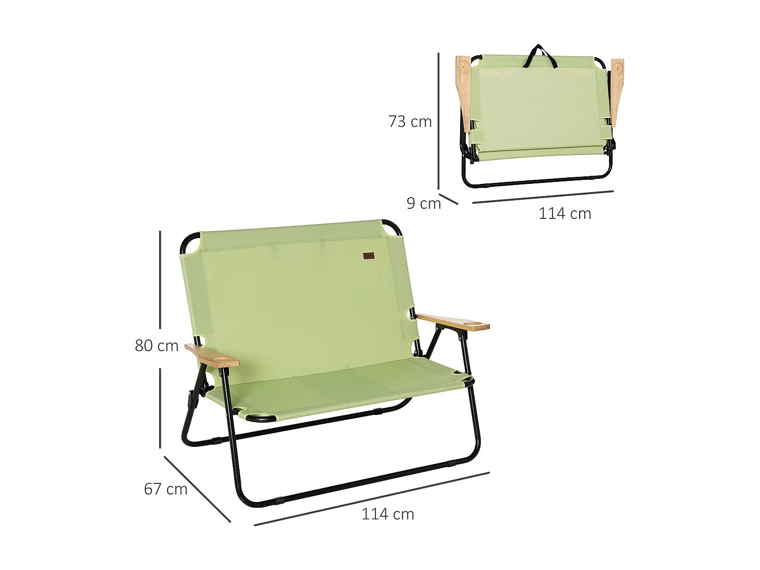 Chaise de Camping 2-Sièges pliable avec porte-gobelets, cadre en acier, tissu Oxford, vert clair (114x67x80 cm)