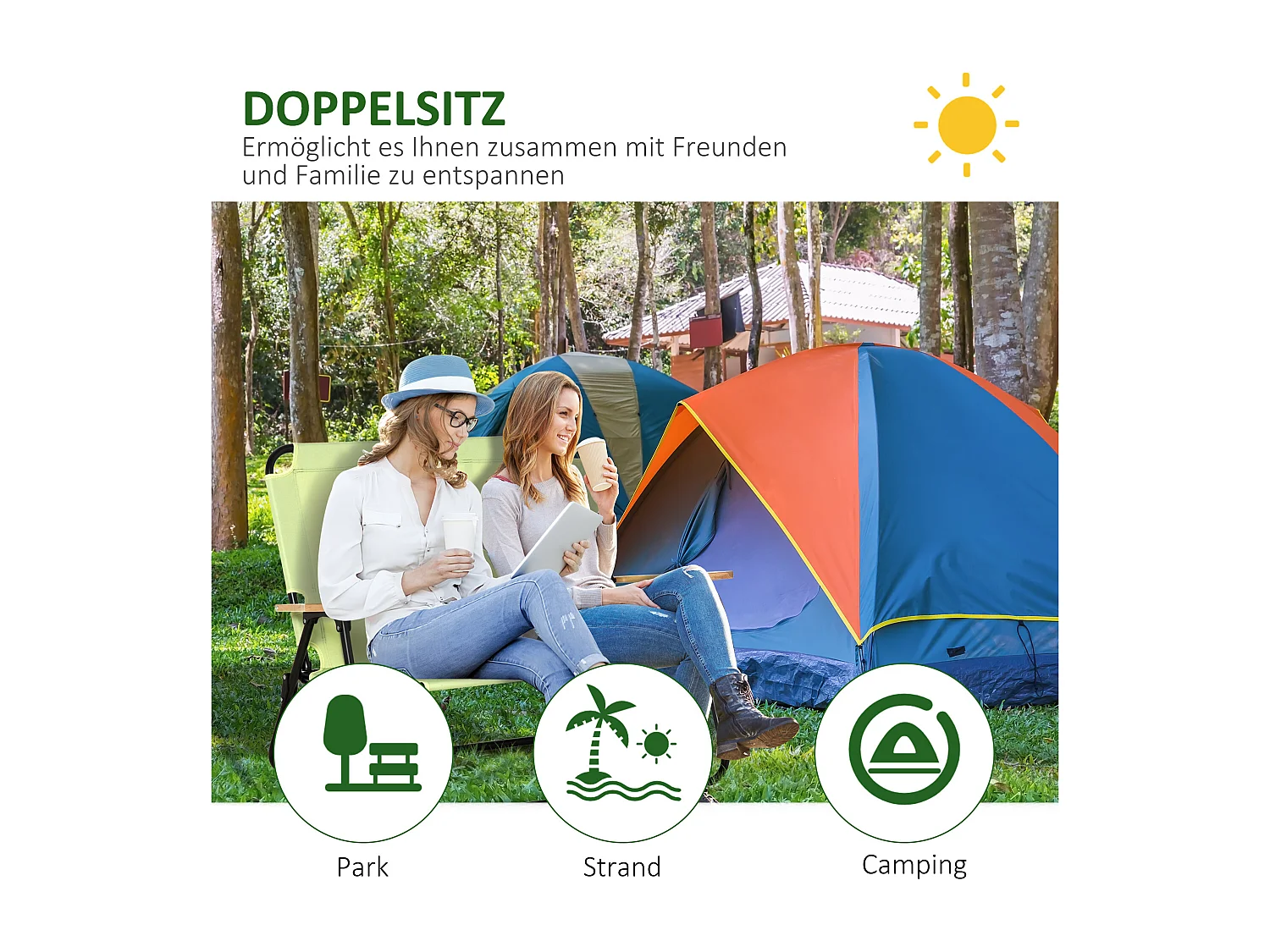 Chaise de Camping 2-Sièges pliable avec porte-gobelets, cadre en acier, tissu Oxford, vert clair (114x67x80 cm)