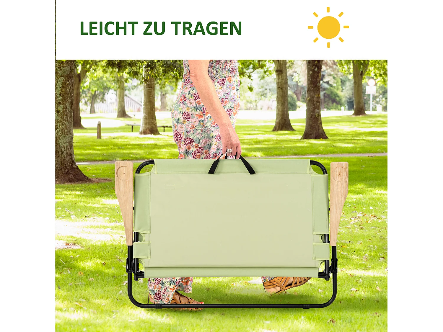 Chaise de Camping 2-Sièges pliable avec porte-gobelets, cadre en acier, tissu Oxford, vert clair (114x67x80 cm)