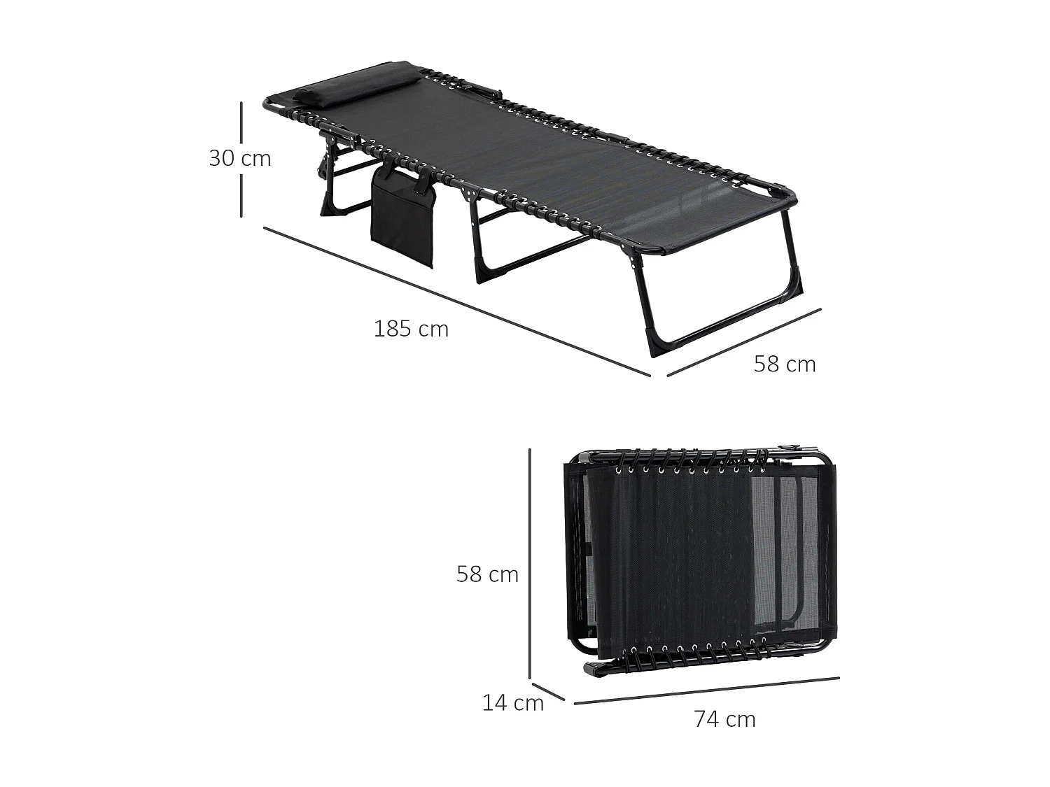 Opvouwbare chaise longue met 5 standen, stalen frame, textielstof, zwart (185x58x30 cm)