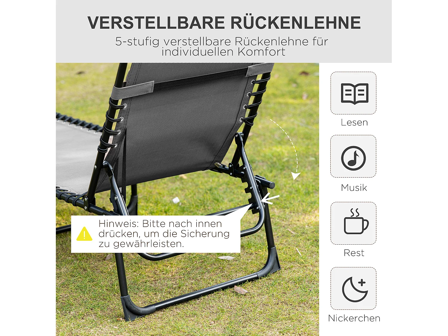 Opvouwbare chaise longue met 5 standen, stalen frame, textielstof, zwart (185x58x30 cm)
