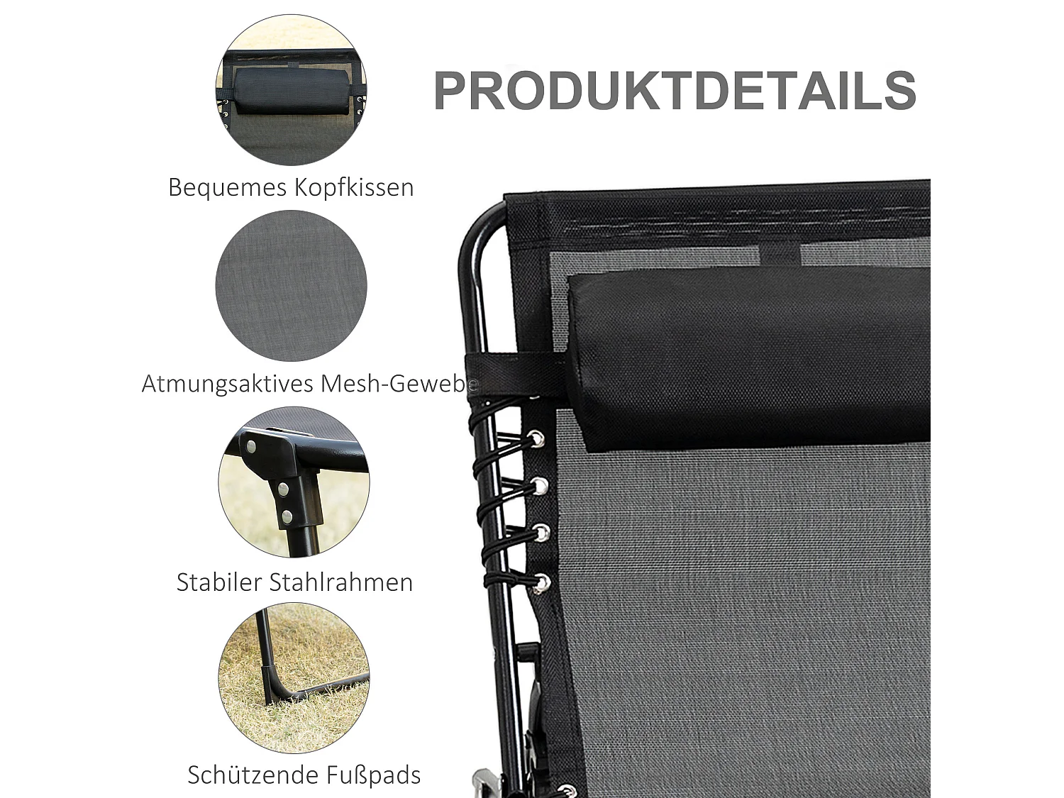 Opvouwbare chaise longue met 5 standen, stalen frame, textielstof, zwart (185x58x30 cm)