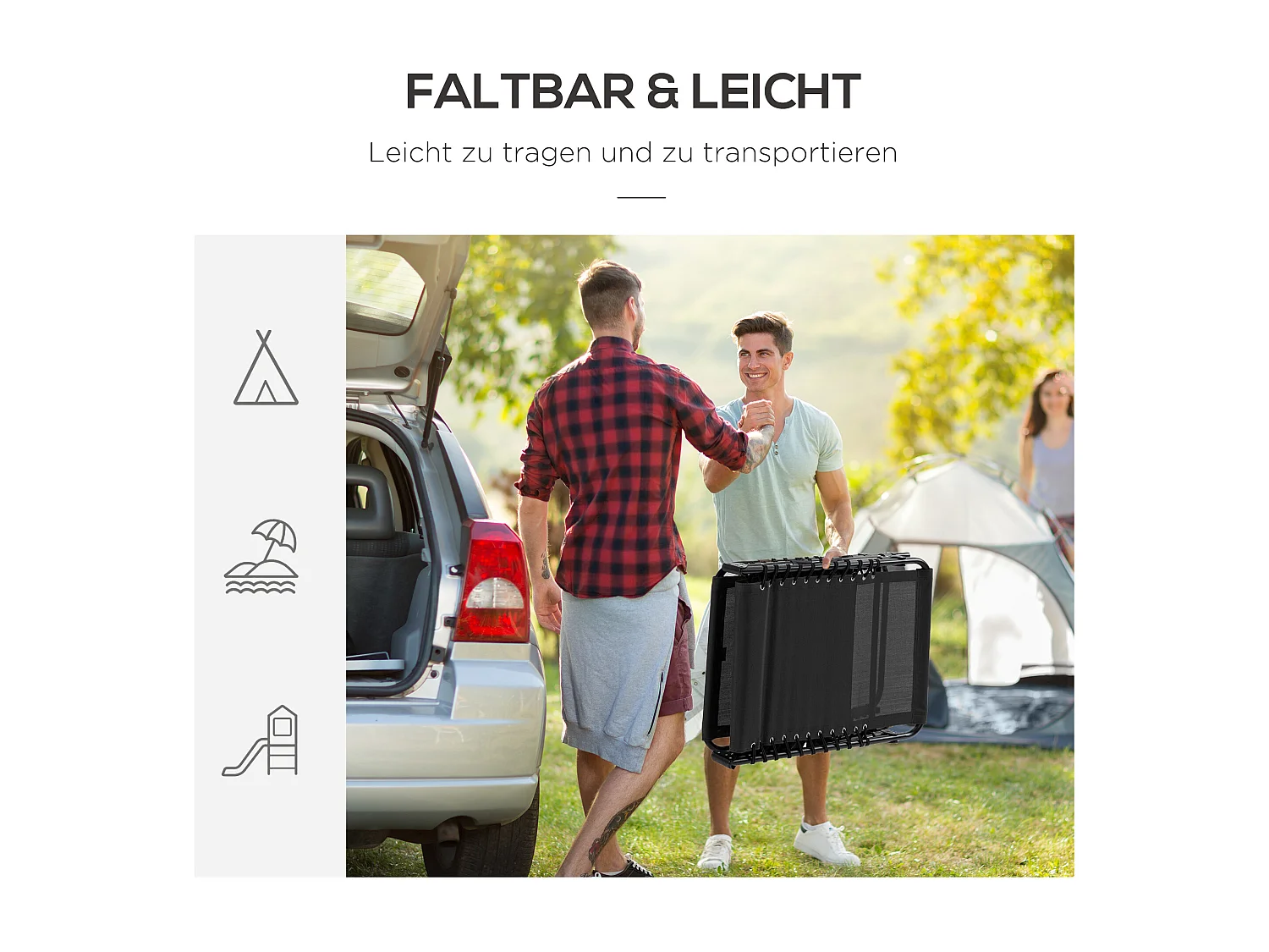 Opvouwbare chaise longue met 5 standen, stalen frame, textielstof, zwart (185x58x30 cm)