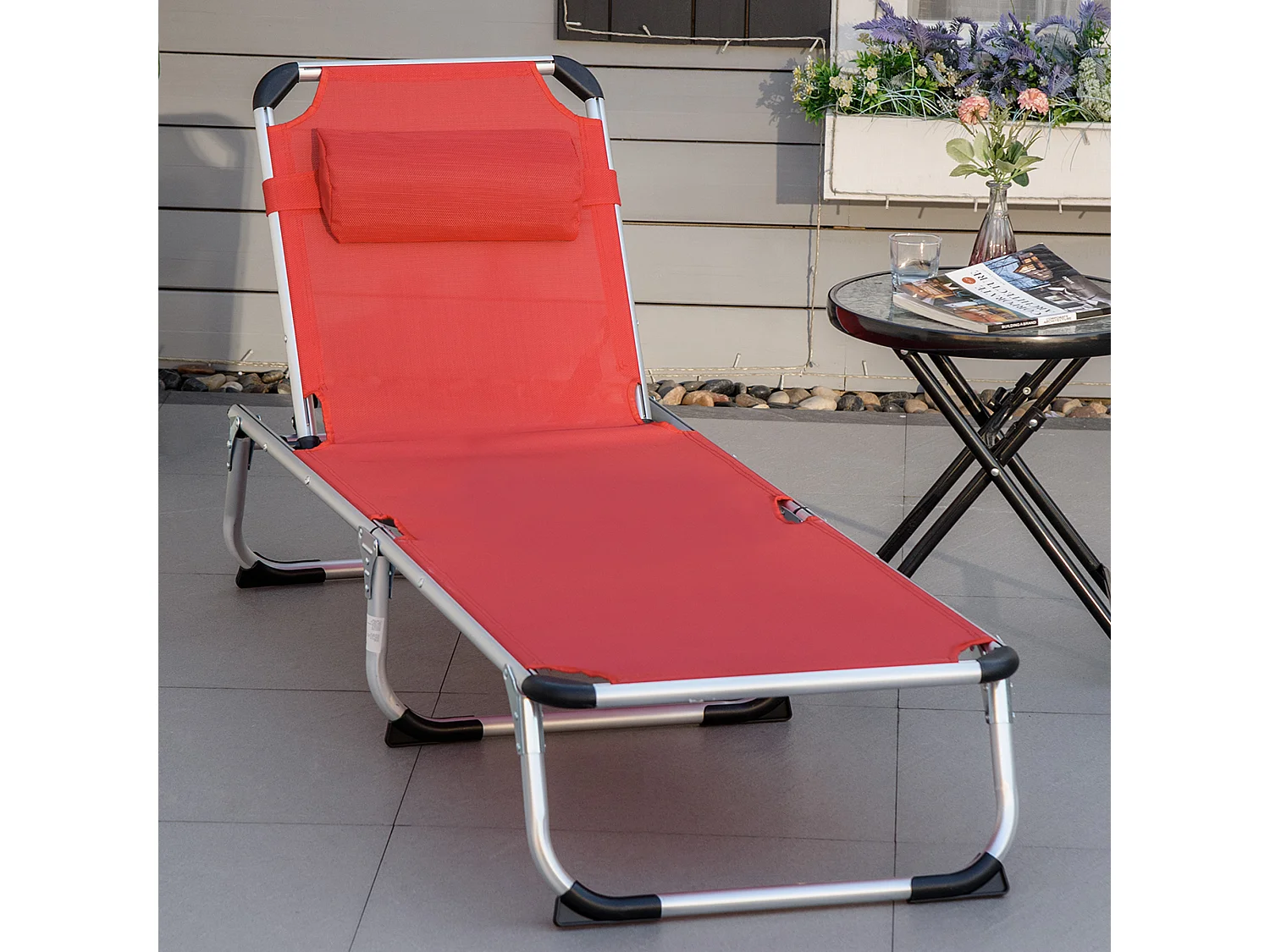 Chaise longue pliable ergonomique 5 positions, aluminium, tissu maille rouge (165x60x76cm)