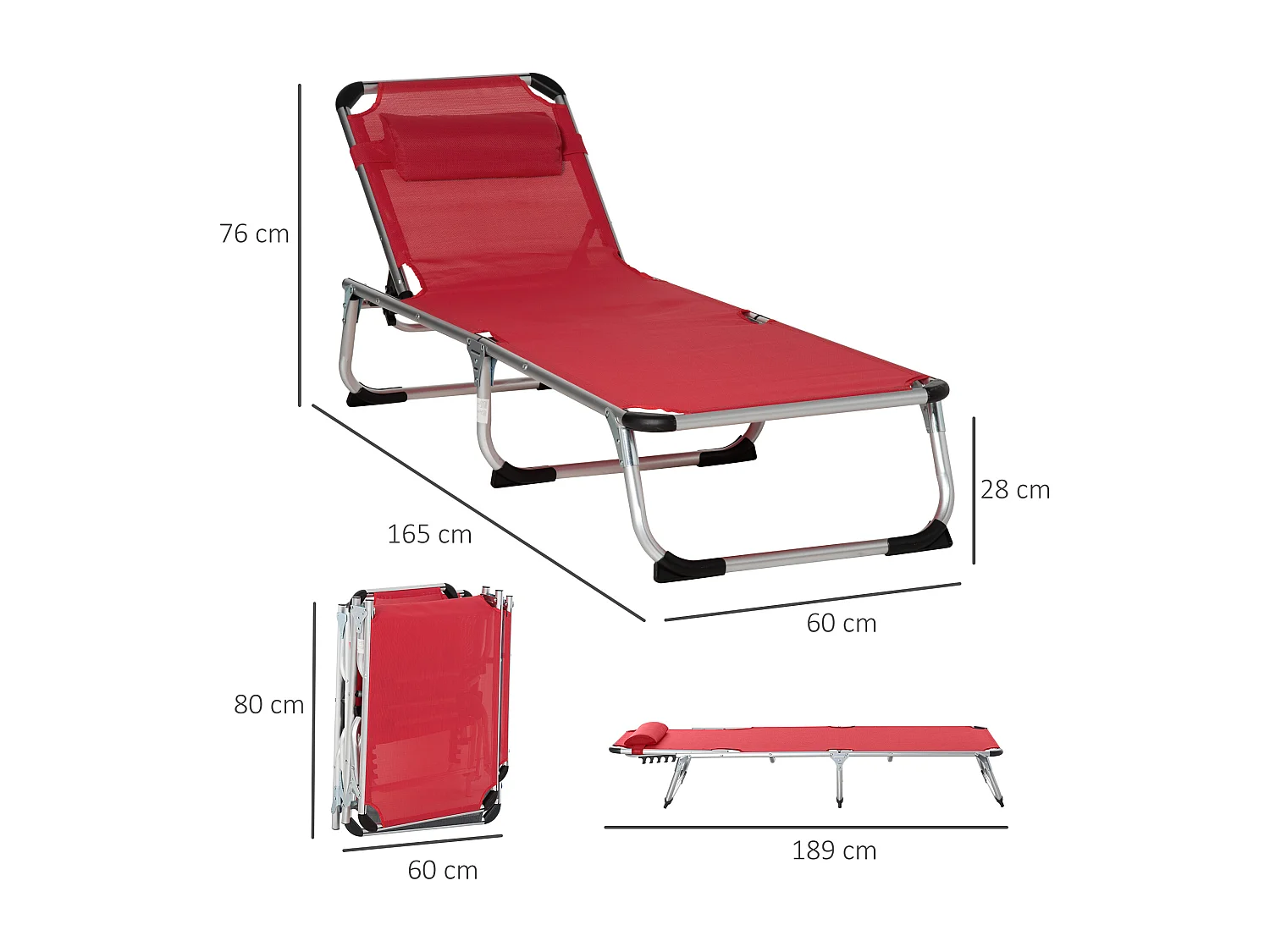 Chaise longue pliable ergonomique 5 positions, aluminium, tissu maille rouge (165x60x76cm)